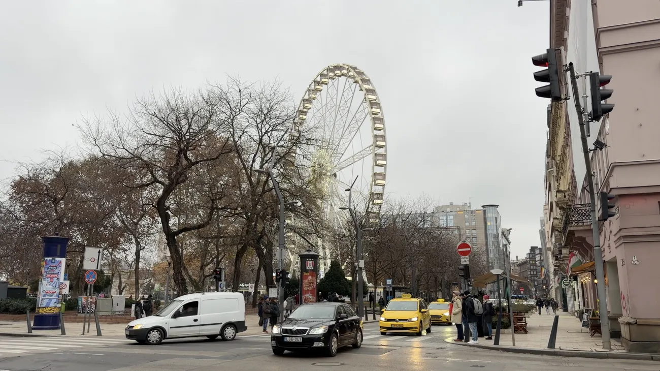 The Ferris wheel rising above bare trees at the end of a street with passing cars.