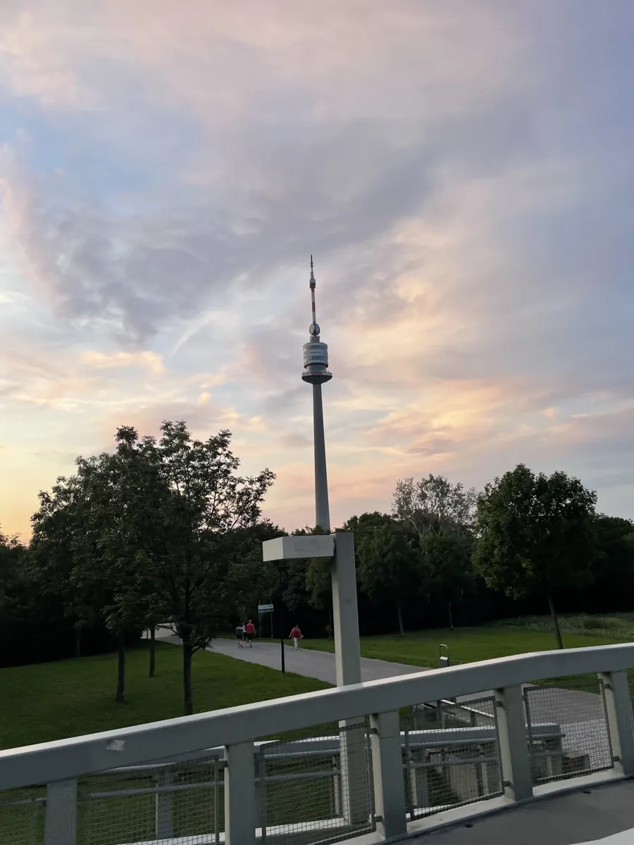 Donauturm above park trees, with a path and railing in the foreground under a pink sky.