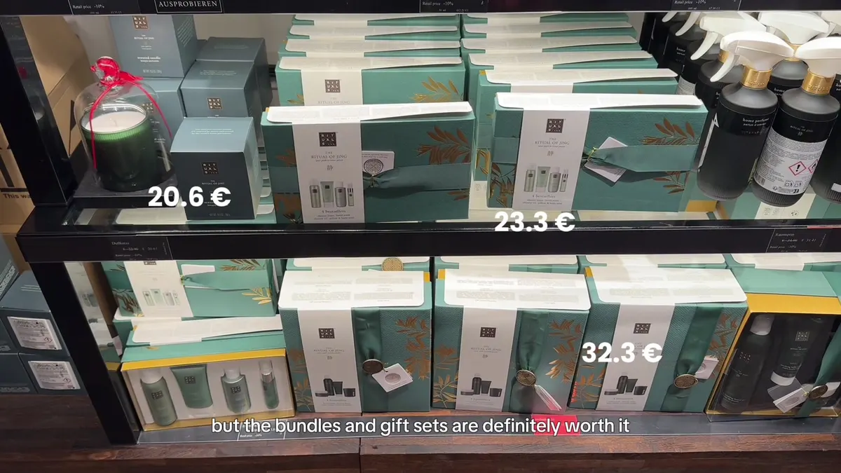 Green Rituals gift-set boxes, a candle and home fragrances on shop shelves.