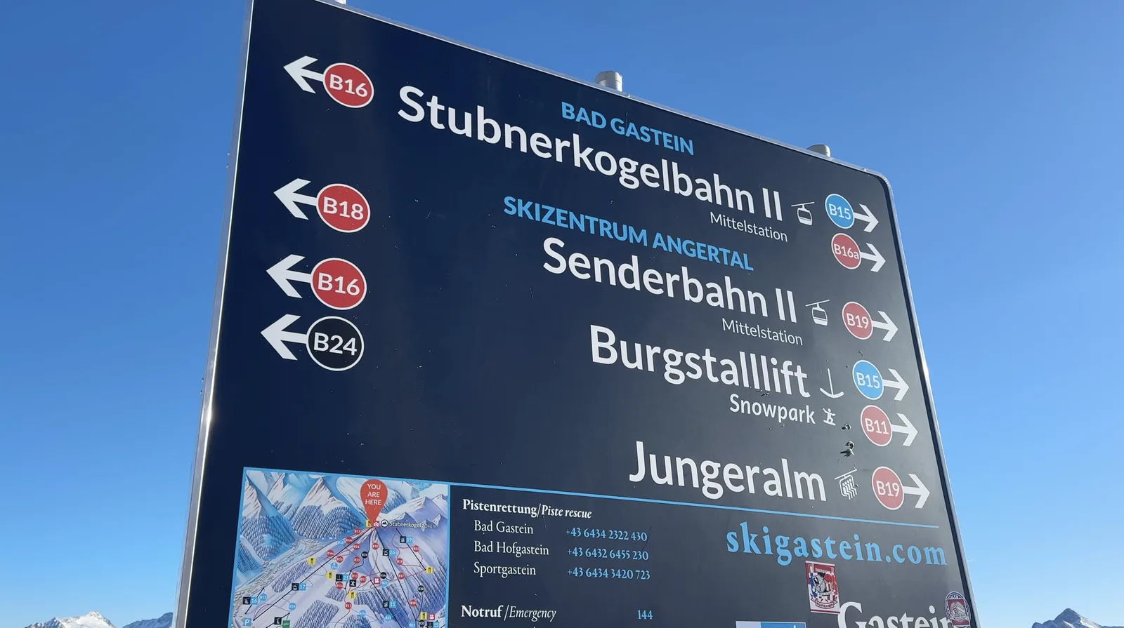 A sign pointing towards Stubnerkogelbahn II, Senderbahn II, Burgstalllift and Jungeralm, with numbered piste markers.